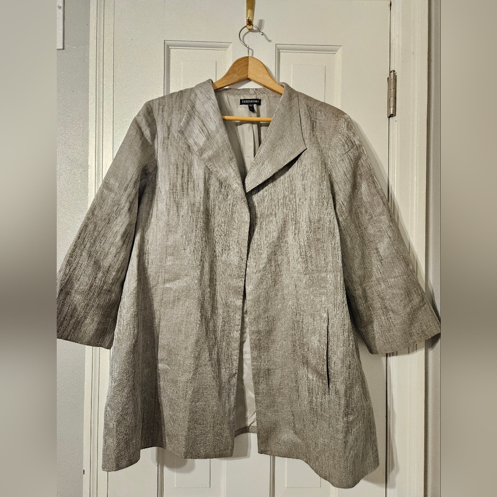 Eileen Fisher Size Large Silk/Linen Open Jacket Tan/Grey